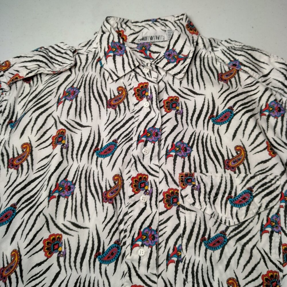 Vintage 1980s Khazana Blouse Shirt Medium Zebra Print Paisley Safari Short Slv - Picture 9 of 13